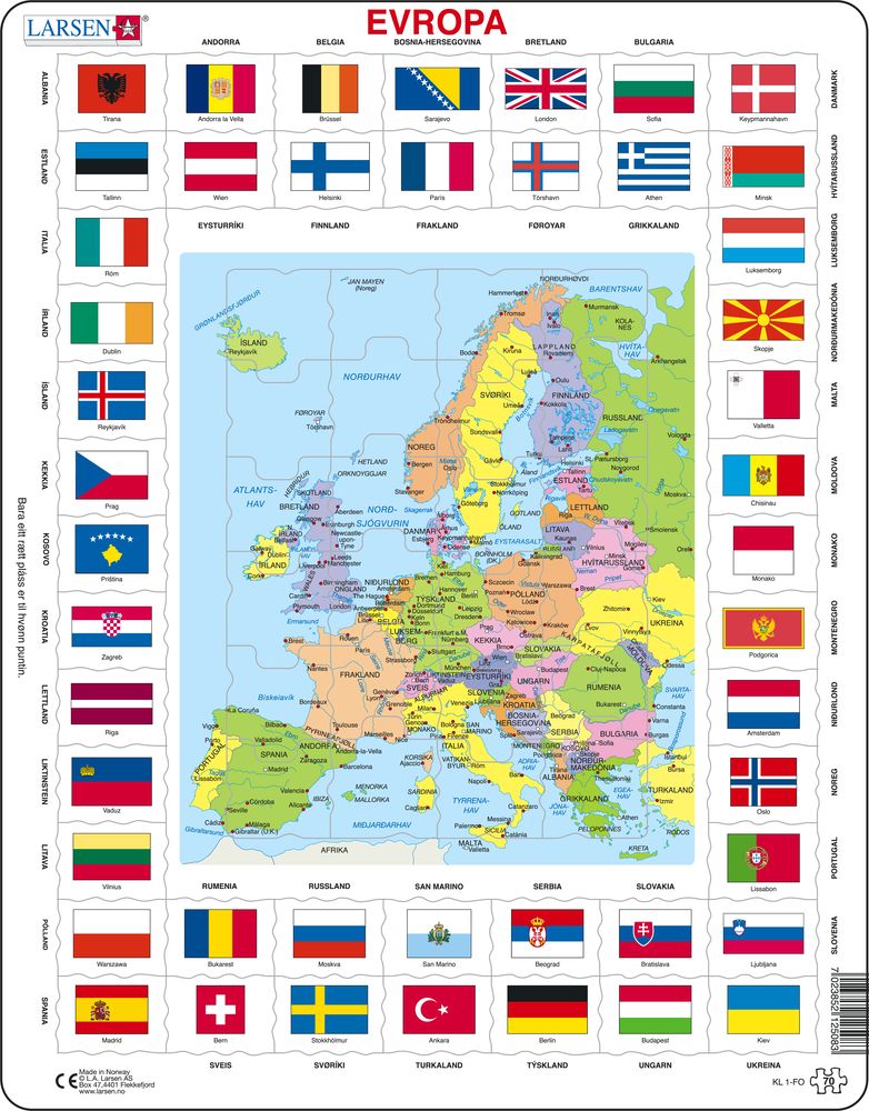 KL1 - Flagg og politisk kart av Europa (Færøysk) KL1 - Flagg og politisk kart av Europa (Færøysk)