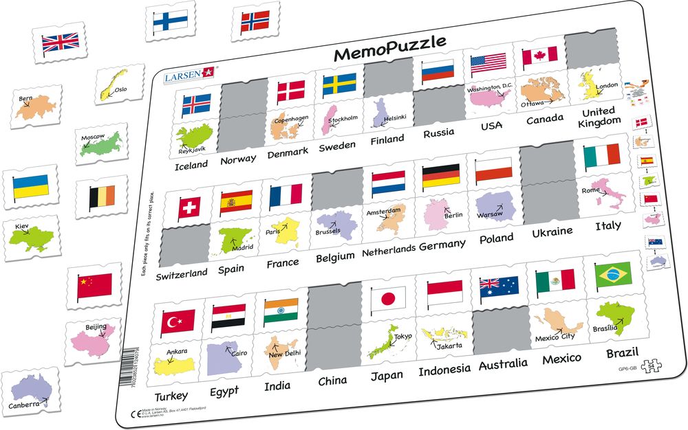 GP6 - MemoPuzzle: Flagg og hovedsteder til 27 land (Illustrasjonsbilde 1)