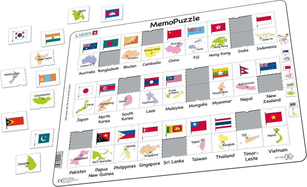 GP7 - MemoPuzzle. Navn, flagg og hovedsteder til 27 land i Asia og Stillehavet (Illustrasjonsbilde 1)