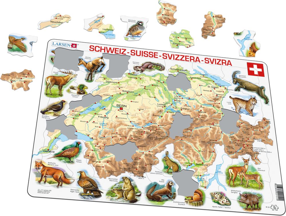 K51 - Switzerland Physical w/animals :: Maps of countries :: Puzzles ::  Larsen Puzzles